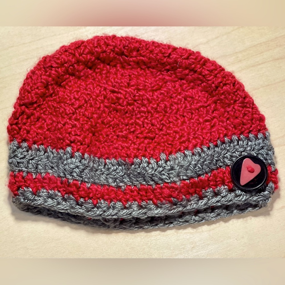 Ladies Crocheted Burgundy/Gray Beanie Hat